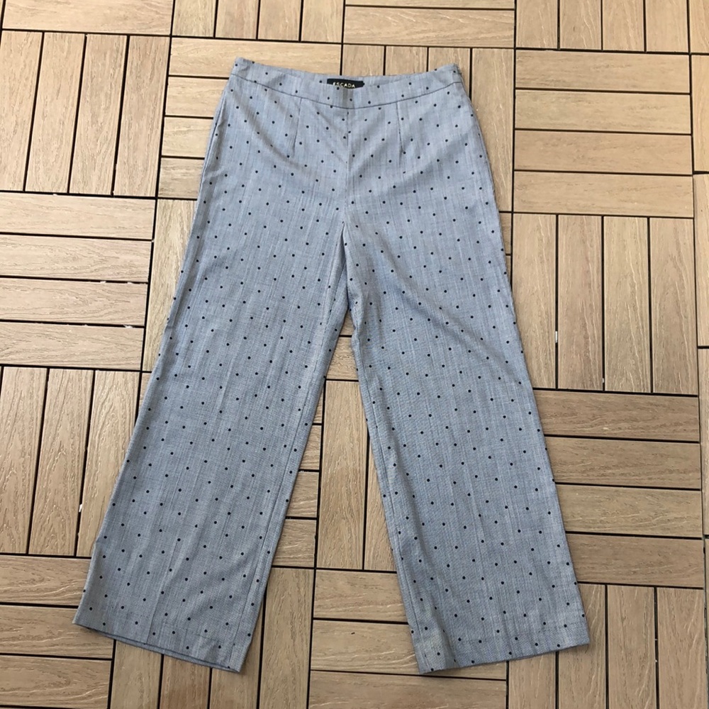 Gray with black polka dots Escada Margaretha Ley straight leg pants